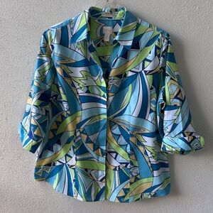 Chico’s Large No Iron 3/4 Sleeve Geometric Pattern Button Up Colorful Cotton Top